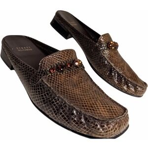 Stuart Weitzman Hardrock Mule Loafers Women 9 Brown Leather Embossed Jewel Flats